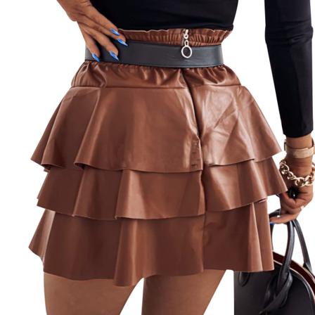 Solid Pu-läderkjol Hög Midja Layered Cake Sexig Mini Plissering
