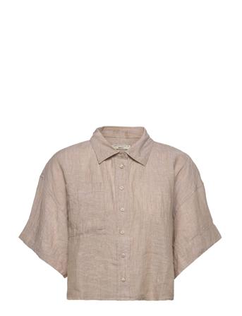 Wellie Linen Shirt Kortærmet Skjorte Beige Gina Tricot