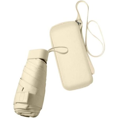Sammenleggbar Reiseparaply, Liten Kompakt Paraply for Sol og Regn Vindtett UV-paraply med Glidelåsveske for Kvinner Jente, Beige