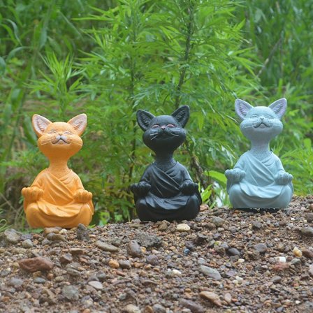 Set om 3 Mediterande Kattstatyer (12,5*5,5*8cm) - Glad Kattformad Buddha - Zen Kattstaty för Meditation eller Yoga - Avslappnad Skulptur för Hem eller