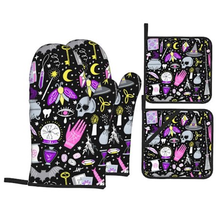 Magic Witch Goth Oven Mitts and Pot Holders Sets of 4 Heat Resistant Non Slip Kitchen Gloves Hot Pads with Inner Cotton Layer