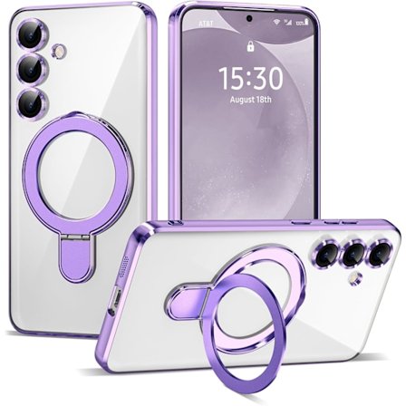 Samsung GaIaxy S24 6.2 Skal med Magnetisk Ringstativ [Kompatibel med Mag-Safe] [Fullständigt Kameralinsskydd] Pläterad Klar Telefonfodral