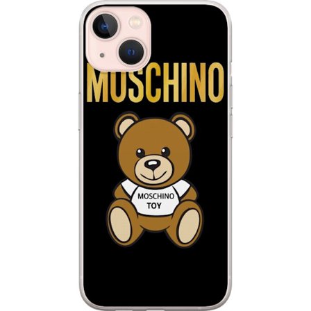 Kompatibelt Mobilskal till Apple Apple iPhone 13 mini Moschino-inspirerad nallebjörn med text på tröjan, centrerad mot svart bakgrund med tydlig mo