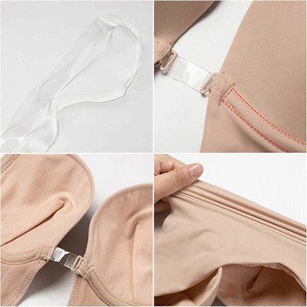 Naisten selästä avoin vartalonmuokkausliivi, jossa on näkymättömät olkaimet ja syvä V-pääntie