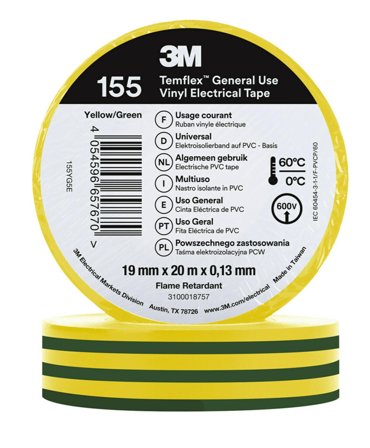 3M Temflex 165 Eltape 10m x 15mm Gul/grønn, Maskintilbehør & forbruk