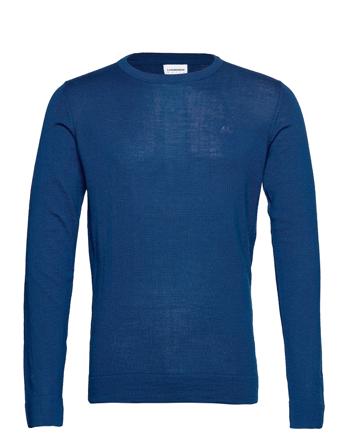 Merino Knit O-Neck Strikkegenser M. Rund Krage Blå Lindbergh