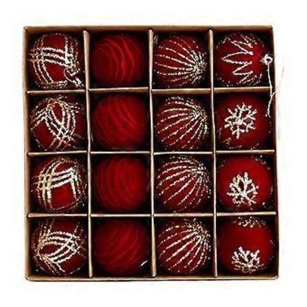 Sett med 16 elegante juletrehengende anheng, fargerike kuler for juledekorasjon, innendørs og utendørs ornament, burgunder