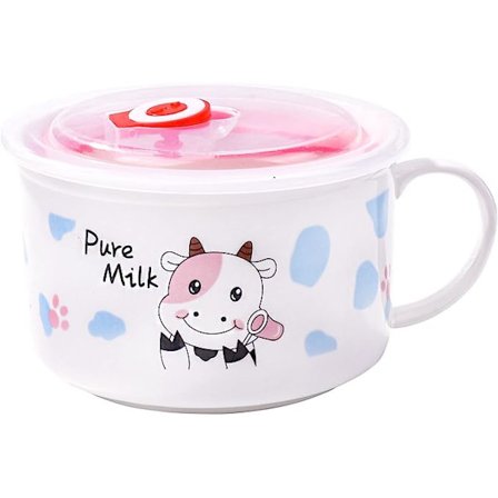 Keramisk skål med lock och handtag, söt ko-design, mikrovågsugn för snabbnudlar, flingor (ren mjölk)