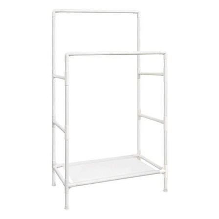 Klesstativ med 2 klesskinner og oppbevaringshylle i hvit metall
