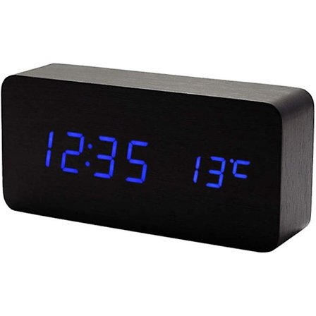 2024, Træ Digitalt Ur - Multifunktionelt LED Vækkeur med Tid/Dato/Temp Display og Stemmestyring