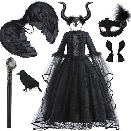 Maleficent Flickor Klänning Lyxig Spets Svart Häxa Klänning Barn Halloween Karneval Rollspel Kostym Mörkt Tema Rollspel Kostym Set 04-WELLNGS Dress 