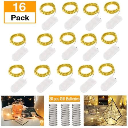 Pakke med 15 LED-flaskelamper med batterier, 20 LED 2m kobbertråd med korklys kobbertråd