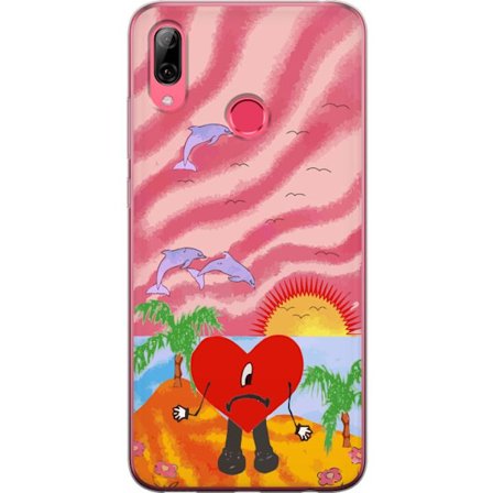 Kompatibel Mobilcover til Huawei Y7 (2019) Bad Bunny i en farverig quiltet jakke med hjertemønster og solbriller i moderne gade stil