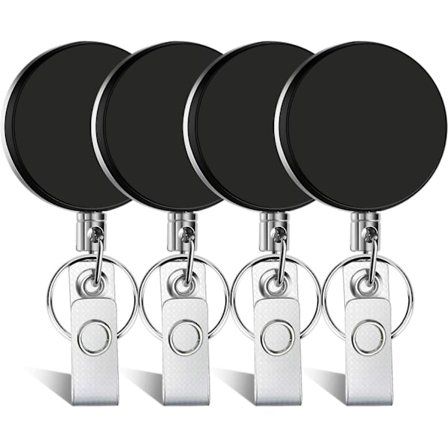 Inrullbar ID-korthållare med nyckelring, kraftig ID-korthållare med karbinhake för ID-kort, nyckelkort, 4 st, svart