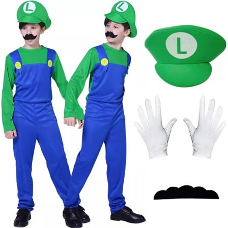 Kostyme for barn 3-12, Mario og Luigi kostyme spillantrekk utklednings jumpsuit bodysuit cosplay med hatt hansker bart (GRØNN, M)