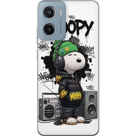 Yhteensopiva Läpinäkyvä kuori Motorola Moto G05 Snoopy katukuteissa kuulokkeet päässä, graffitityyli ja suuri hymy seisoessaan boomboxin vieress
