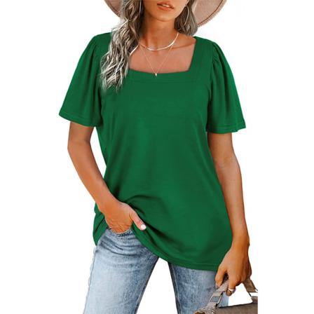 Dam Bomull T-shirt Fyrkantig Hals Plisserad Topp Dam Vandring