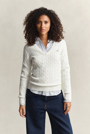 GANT Damen V-Neck Pullover mit Zopfmuster (XXXL) Weiß