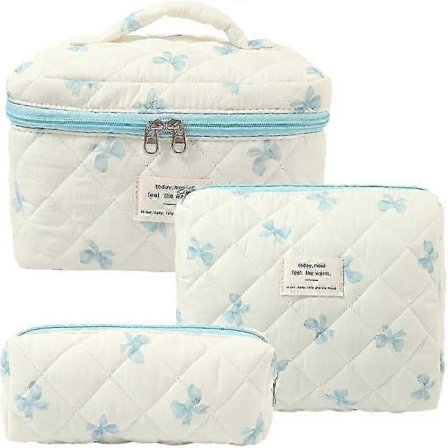 3 stk. Makeup Taske Bomuld Vatteret Rejse Kosmetiktaske Sød Blomstret Makeup Pung Stor Toilet Taske til Kvinder Piger (Sløjfe-Pink)