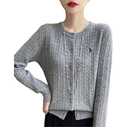 Ullcardigan for kvinner, tykkere med brodert ponniknute, strikket genser med rund hals