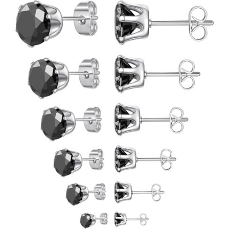 6 par øreringe sæt, klare kubiske zirkonia 316L rustfrit stål øreringe til kvinder og mænd 3-8mm (F sort sten)