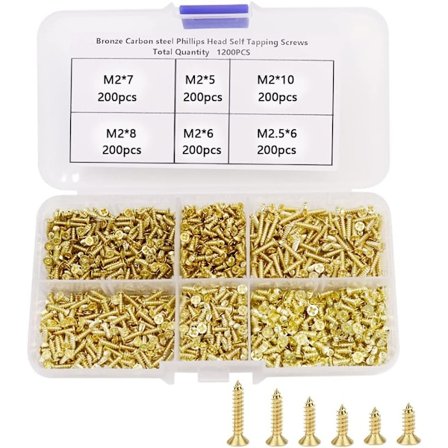 1200 st små gångjärnsskruvar i trä M2/M2.5 små mässingsskruvar 5/6/ 8/10/ mm små platta huvudkors skruvar sortiment - Guld
