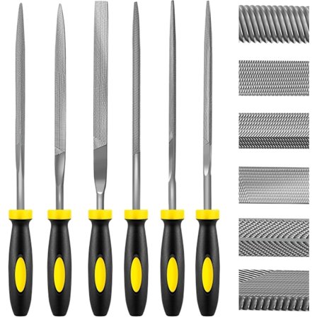 Sett med 6 metallnålefiler herdet legert stål Inkluderer flate, firkantede, trekantede, runde og halvt runde filer