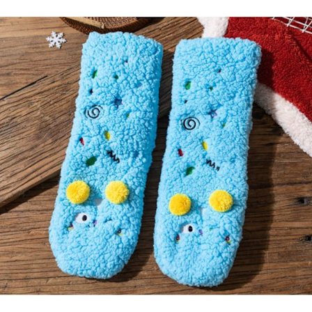 Varme gulvsokker i lammeskinn, tykke anti-skli gulvsokker for barn, tegneseriebroderte sokker for kvinner