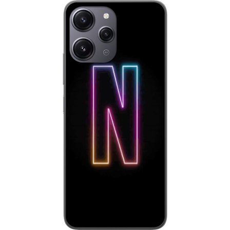 Yhteensopiva Puhelinkuori Xiaomi Xiaomi Redmi 12 Minimalistinen neonkirjain N värinvaihtuvassa valossa mustaa taustaa vasten