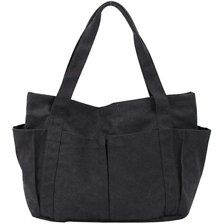 Damen Canvas Håndveske Skulderveske, Vaskbar Handleveske Med Separate Lommer, Stor Kapasitet Svart