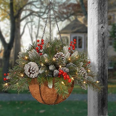 Forhåndsopplyste kunstige julehengende blomsterkurv med LED-lys, julepynt til hjemmet