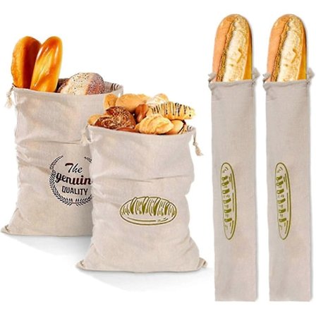 4 stk. Linstoff Brødposer, Brødposer for å holde brødet ferskt, Pustende, Matlagringsplomme med en snor for brød, Naturlig, Ubleket Brødpose