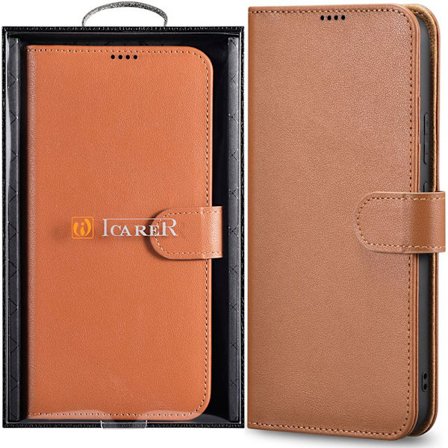 iCarer Haitang Leather Wallet Case Lærveske Samsung Galaxy S22+ (S22 Plus) Lommebokdeksel Brun (AKSM05BN)