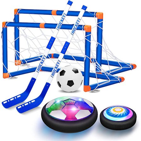 Hover Hockey Fodbold 2 i 1 Sæt Drengelegetøj, Genopladelig Indendørs & Udendørs Svævende Fodboldspil Med 3 Mål Og LED, Luftdrevet Hockey Og 