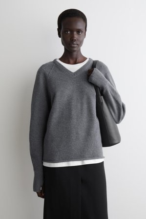 COS Women's Merino Wool V Neck Jumper in Grey