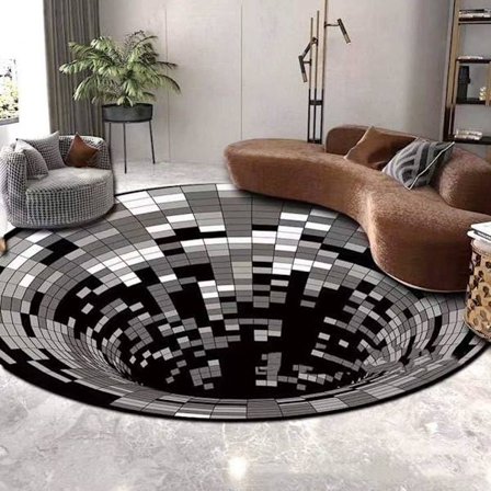 Rund Matta, 3D Optisk Illusion Matta, Ovävd Svart Vit Dörrmatta Halksäker Golvmatta för Sovrum Vardagsrum Heminredning Matta Kudde C(80cm),
