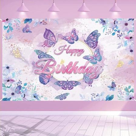 Lilla sommerfugl gratulerer med dagen bakteppe banner dekor søt baby floral fotografering bakgrunn bursdagsfest dekorasjoner kakebord foto banner