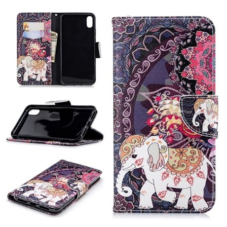 iPhone XS Max mobilfodral silikon konstläder stående plånbok - Elefant och påfågel