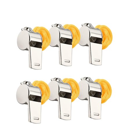 6 stk. fløyter i rustfritt stål, sportsfløyter med snor, metallfløyte med avtakbar nylon snor for sportstrenere