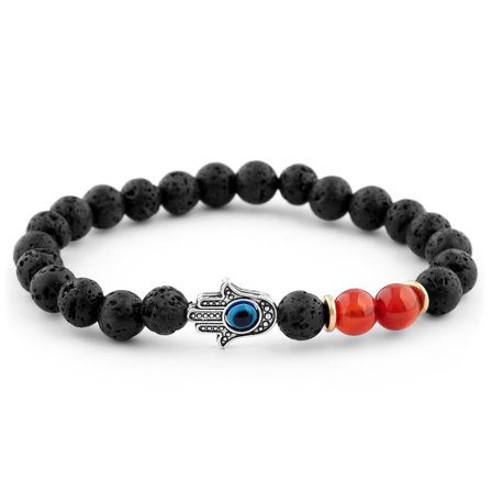 Pulsera de lava negra y roja con Mano de Fátima para hombres - Pulseras de perlas