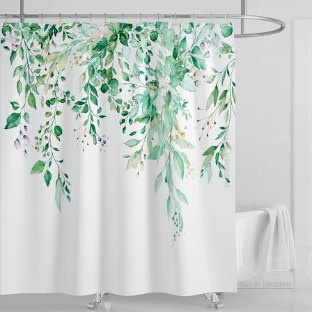 Smaragdgrön Eukalyptus Duschdraperi, Sammanlänkande Växtblad med Blommigt Duschdraperi Set med Krokar, B240xH180cm