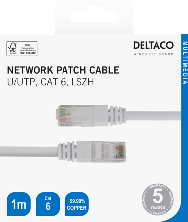 Deltaco Cat6 Network cable, 1m, white