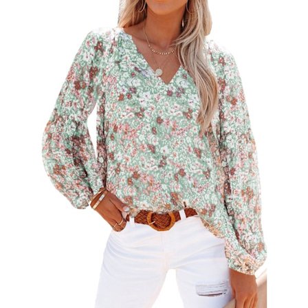 Womens Casual Boho Floral Print V Neck Long Sleeve Loose Blouses