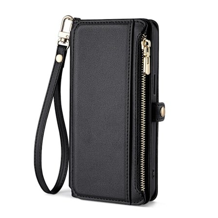 Etui til iPhone 14 Plus, svart, kort snor, fullt anti-fall kortspor lommebokveske