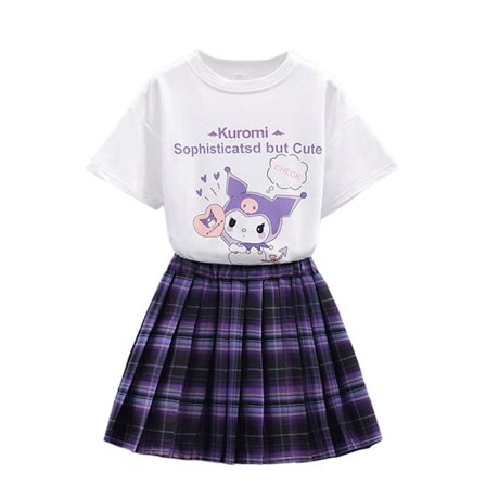 Anime Sanrio Kuromi Piger JK College Stil Kortærmet Top Plisseret Nederdel Sæt Hvid
