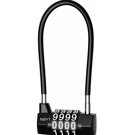 4-numeroinen yhdistelmälukko, yhdistelmälukko pidennetty teräsköydellä, pitkä kaarilukko, musta, 9*5,4cm