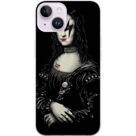 Apple iPhone 15 Plus Gjennomsiktig deksel Mona Lisa Rockestjerne med svart bakgrunn og stjernemakeup, en opprørsk vri på det kjente kunstverket