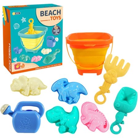 Rantalelusetti 8 osaa Kokoontaittuva ämpäri Lapio Harava Hiekkamuotit Sadetin Dinosaurusteema