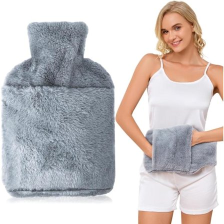 Varmtvannsflaske 2L Mykt Fleece Trekk Grå Hånd Fot Varmer 12x8 Cm Smertelindring
