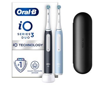 Oral-B iO3 Duo - Matt Black / Ice Blue - Två eltandborstar med smart trycksensor & tre borstlägen